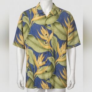 Tommy Bahama 100% Silk Shirt Hawaiian Mens Large L Floral Green Blue Leaf Beach